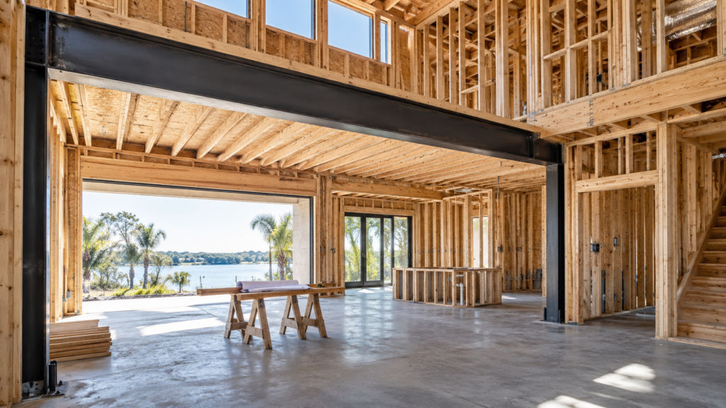 Structural welding in Orlando Florida integrating a steel beam with wood framing in a custom home
