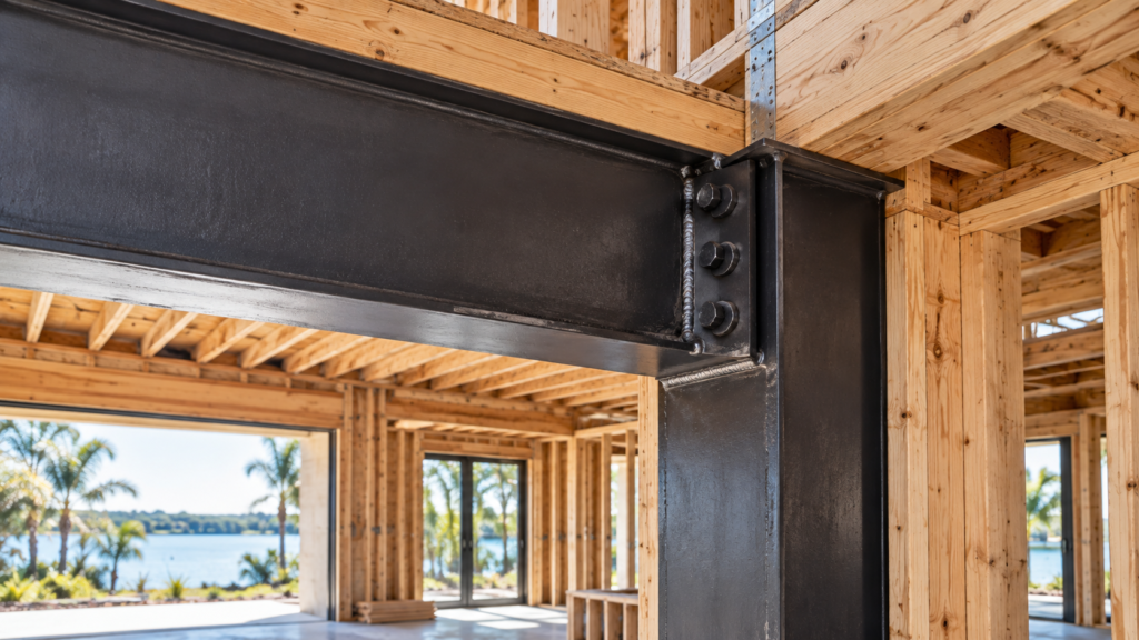 Welded steel beam and column connection inside a custom residential construction project in Florida