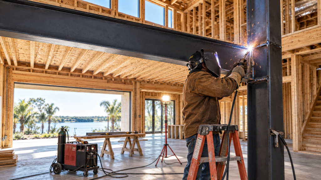 Welder performing structural welding on a steel beam inside a custom home under construction in Orlando