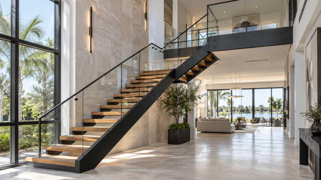 Custom metal staircase installation in a luxury home showing structural steel stringers and field coordination