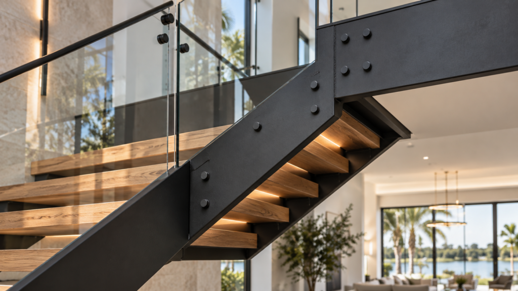 Close-up of a black steel stair stringer with wood treads and structural connections in a custom residential staircase