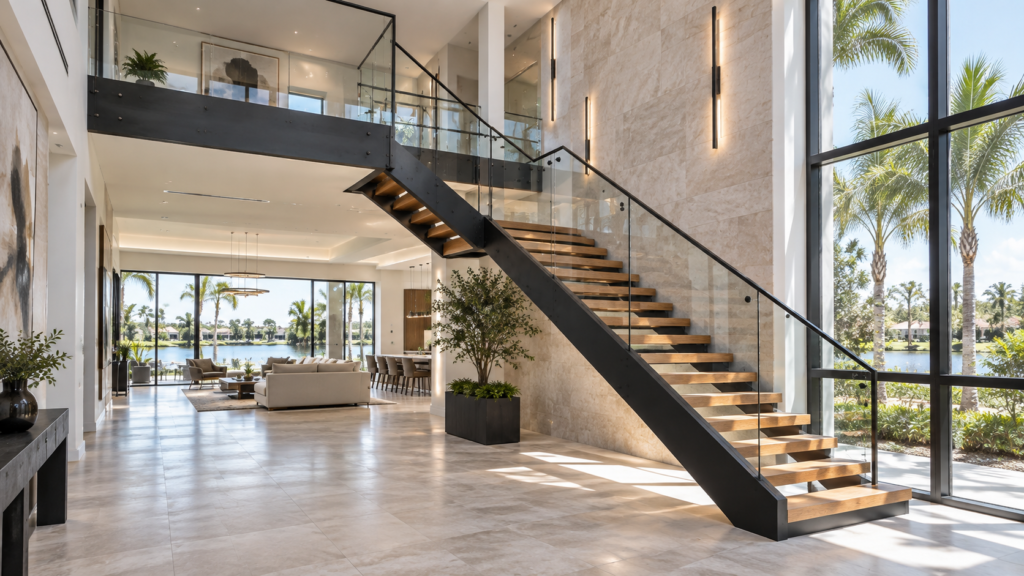 Floating metal staircase with black steel stringer, wood treads and glass railing in a modern Florida custom home