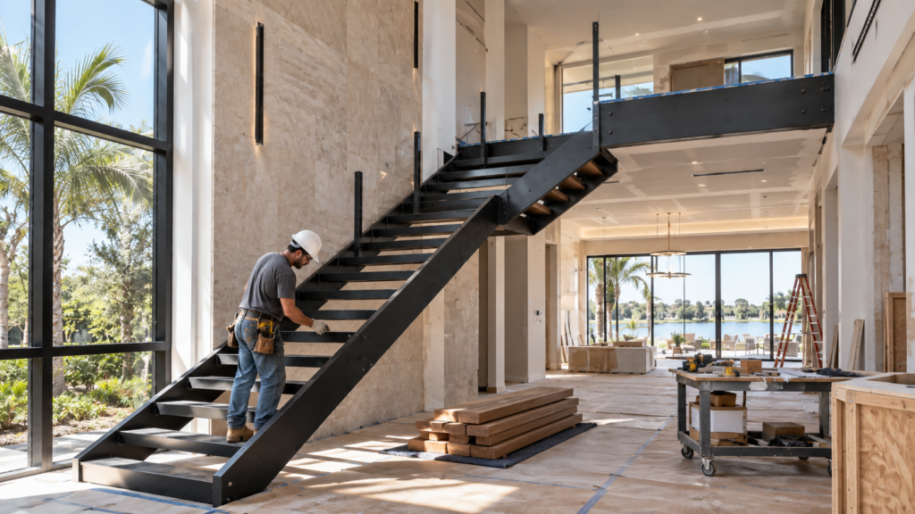 Floating metal staircase with black steel stringer, wood treads and glass railing in a modern Florida custom home