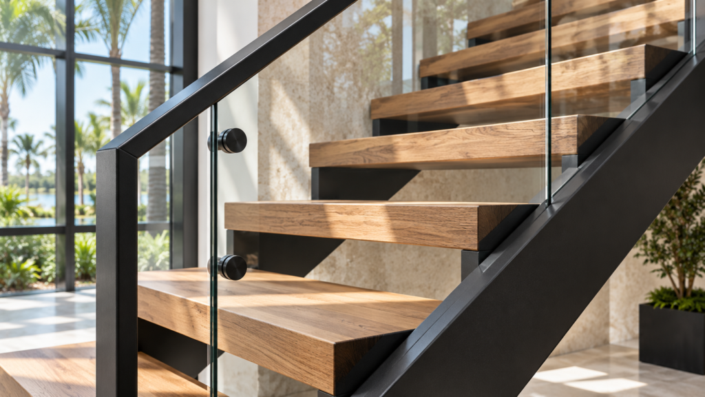 Architectural detail of wood stair treads, black steel framing and glass guard system in a luxury residential staircase