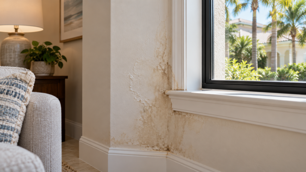 Bulging and cracked stucco on a Florida residential exterior showing signs that professional repair may be needed