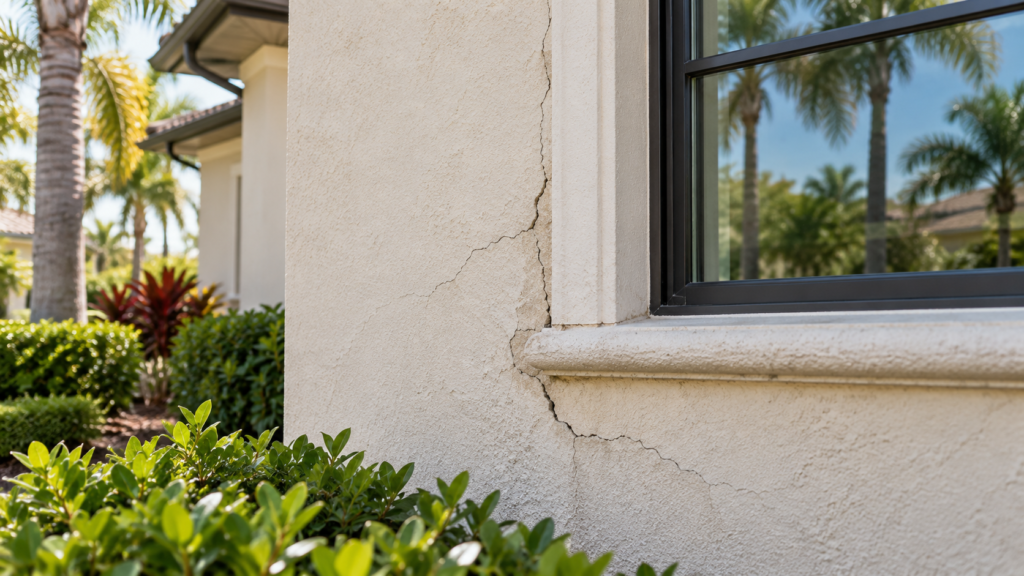 Stucco cracks around a window on a Florida home showing possible movement or water intrusion concerns