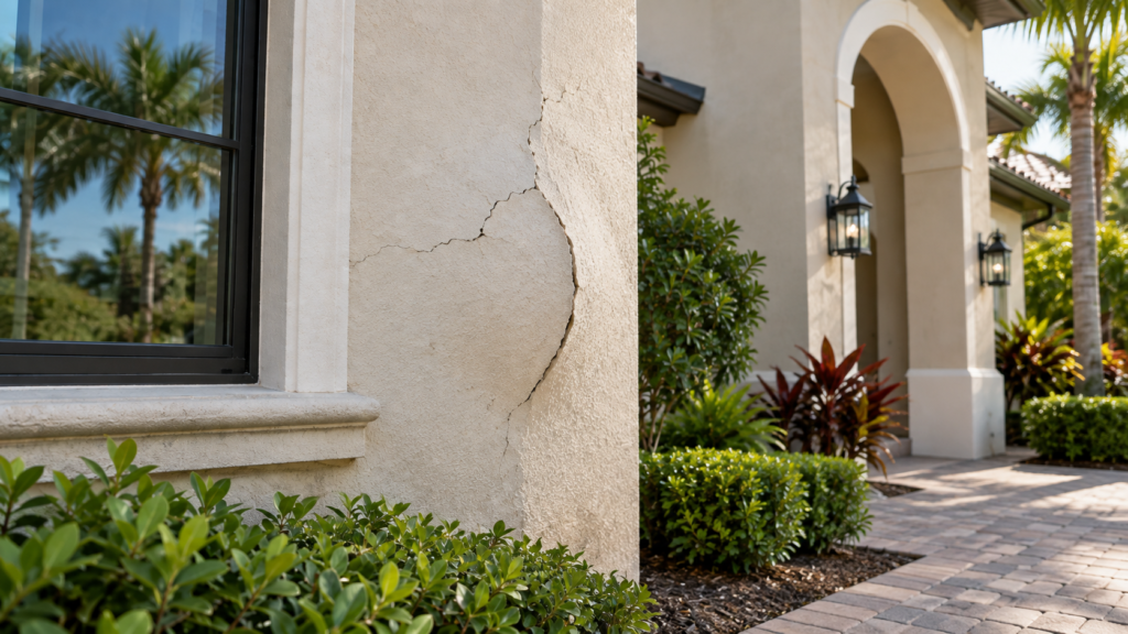 Interior moisture damage near a window that may indicate an exterior stucco or wall envelope problem
