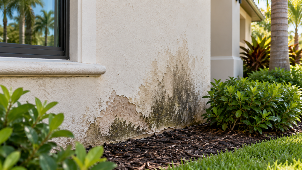 Stucco repair signs in Florida showing moisture staining and deterioration near the base of a residential wall
