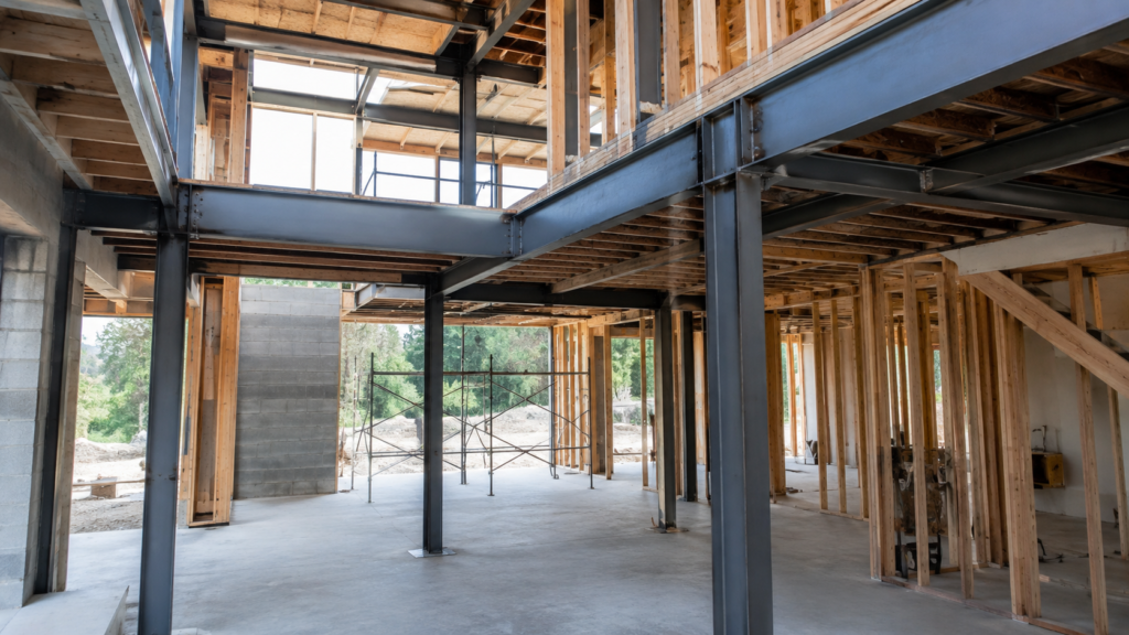 Structural steel beams and welded connections inside a custom home under construction