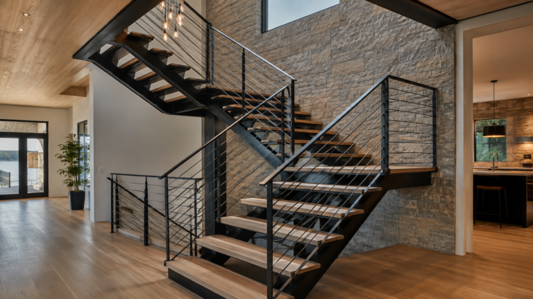 Modern metal staircase with black steel structure and warm wood treads inside a bright luxury custom home foyer.